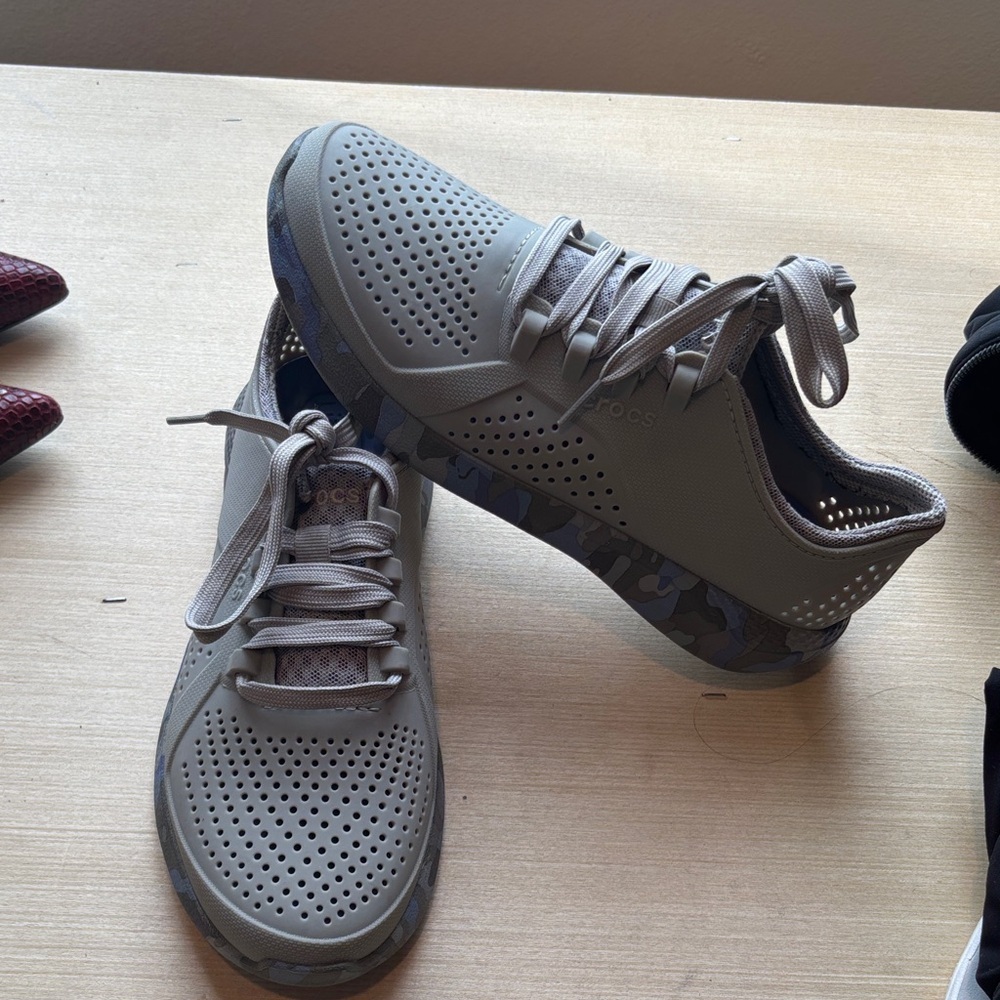 CROCS Gray Perforated Sneakers with Camo Accents
